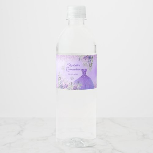 Purple Winter Snowflake Quinceaera Water Bottle Water Bottle Label