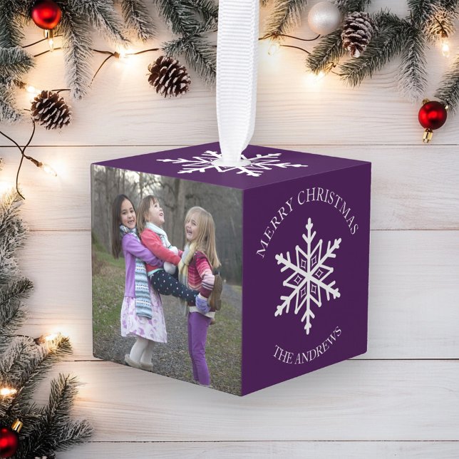 Purple Winter Snowflakes Holiday Christmas Photo Cube Ornament (Creator Uploaded)