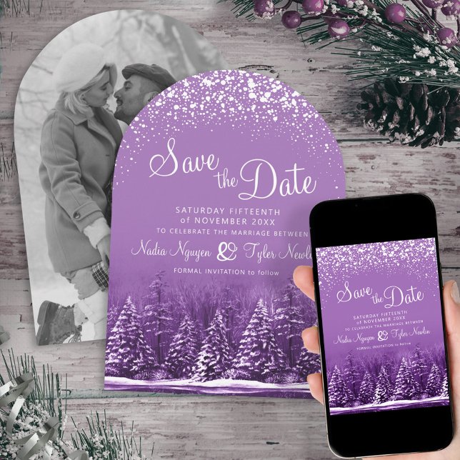 Purple winter trees snow lakeside photo wedding save the date (Creator Uploaded)