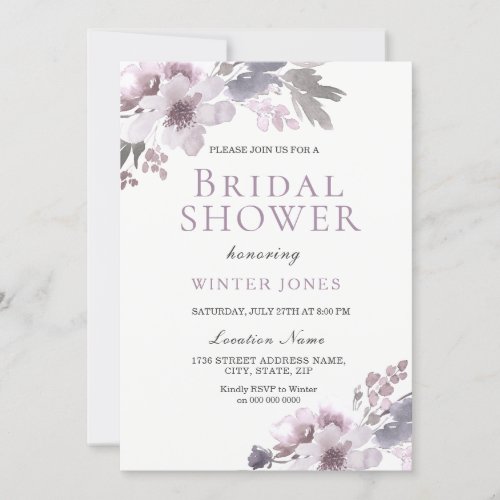 Purple Winter Watercolor Floral Bridal Shower Invitation