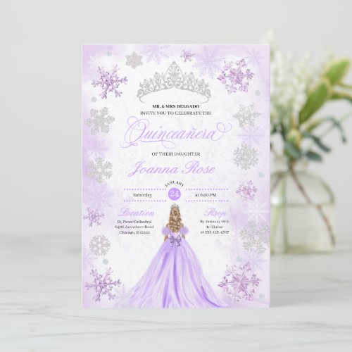 Purple Winter Wonderland Snowflake Quinceanera Invitation