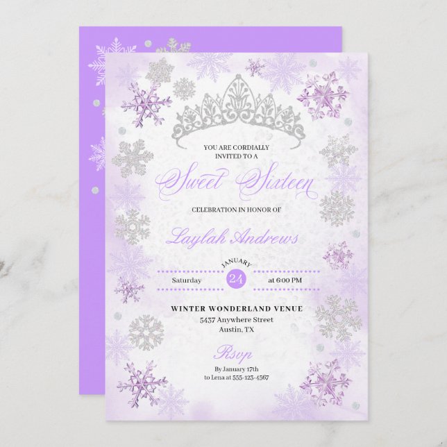 Purple Winter Wonderland Snowflake Sweet 16 Invitation (Front/Back)