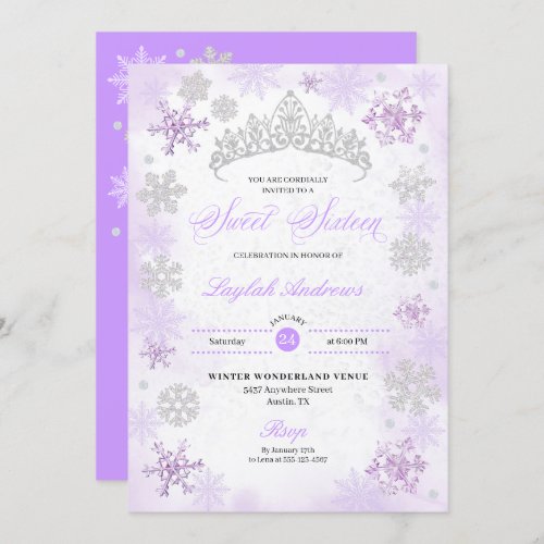 Purple Winter Wonderland Snowflake Sweet 16 Invitation