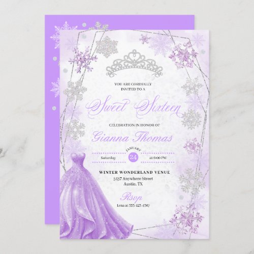 Purple Winter Wonderland Snowflake Sweet 16 Invitation