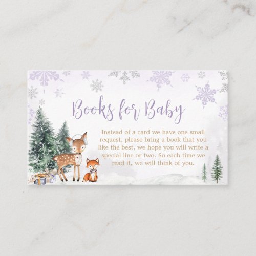 Purple Winter Woodland Baby Shower Books for Baby Enclosure Card