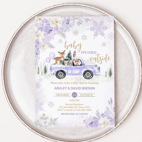 Purple Winter Woodland Baby Shower  Invitation