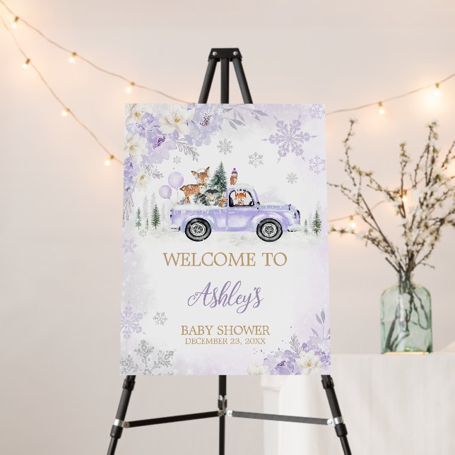 Purple Winter Woodland Baby Shower Welcome Sign (In Situ (Stand))