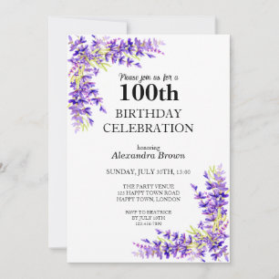 Purple Wisteria 100th Birthday Photo Party Invitation