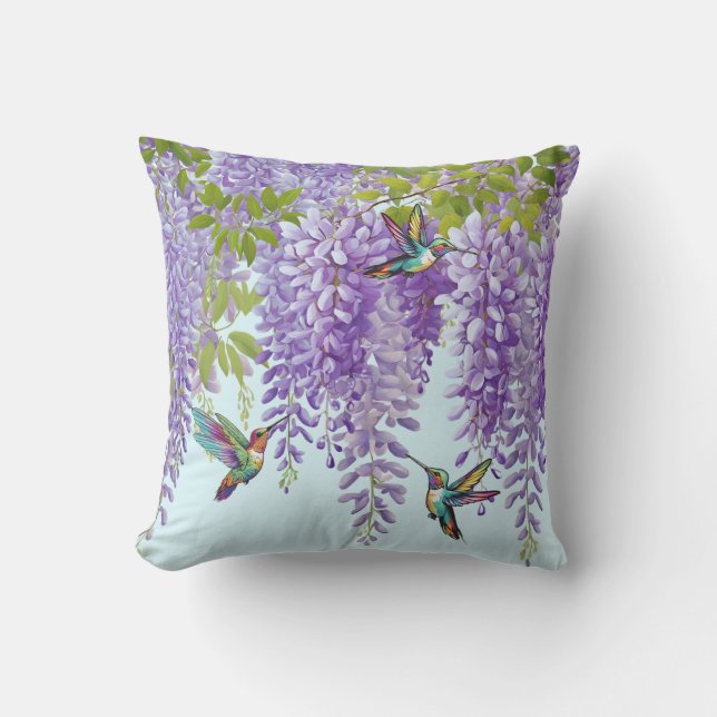 Purple Wisteria And Hummingbirds Throw Pillow (Front)