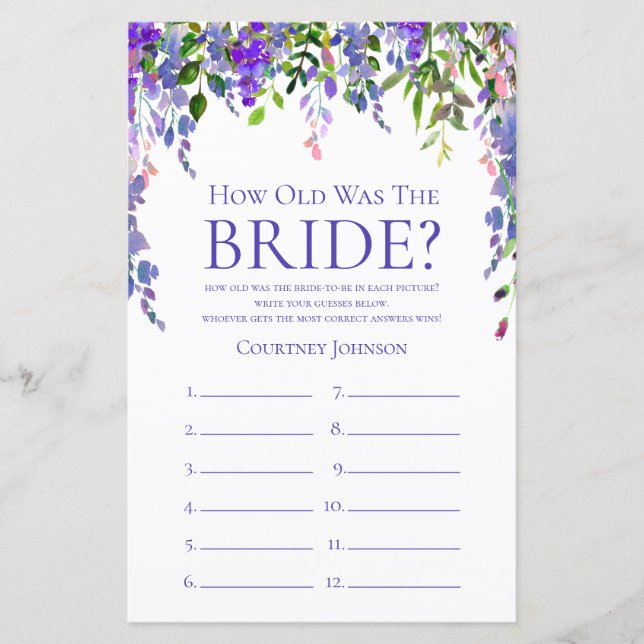 Purple Wisteria Bridal Shower Game (Front)