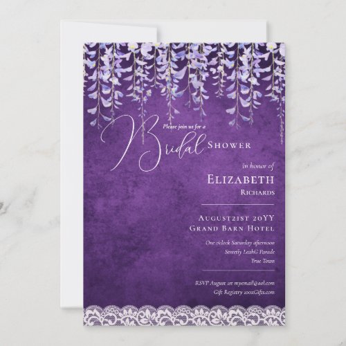 Purple Wisteria Bridal Shower Print or Digital Inv Invitation