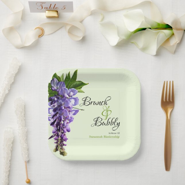 Purple Wisteria Brunch Bubbly Bridal Shower Green Paper Plates (Wedding)