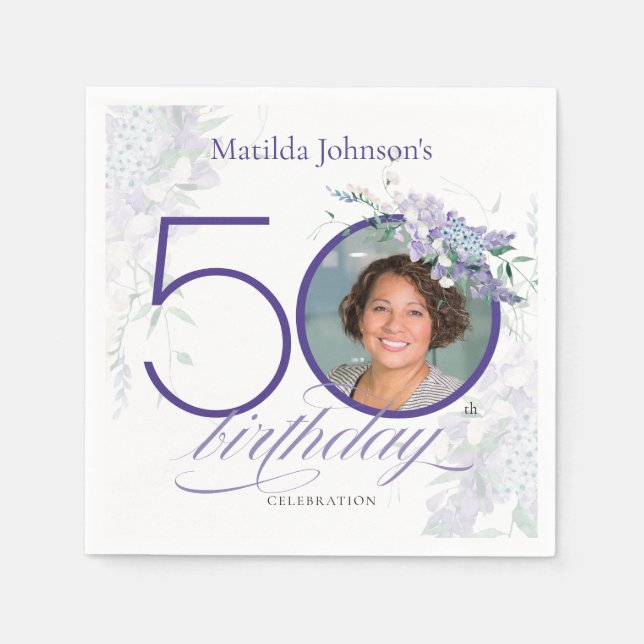 Purple Wisteria Elegant Photo Floral 50th Birthday Napkins (Front)