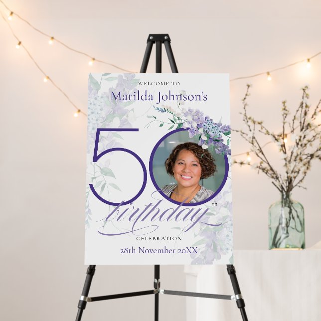 Purple Wisteria Floral 50th Birthday Party Welcome Foam Board (In Situ (Stand))
