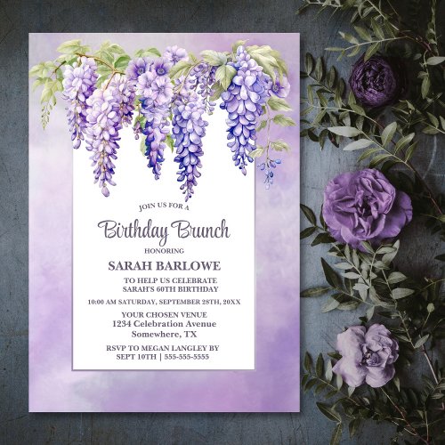 Purple Wisteria Floral Birthday Brunch Invitation