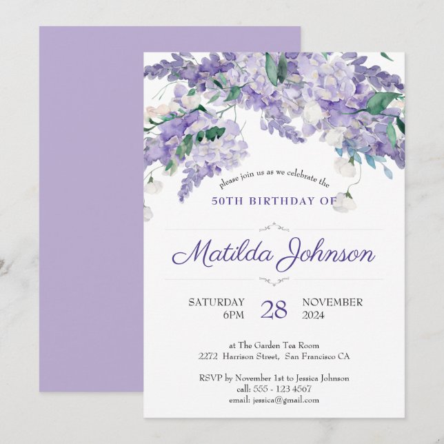 Purple Wisteria Floral Botanical 50th Birthday Invitation (Front/Back)