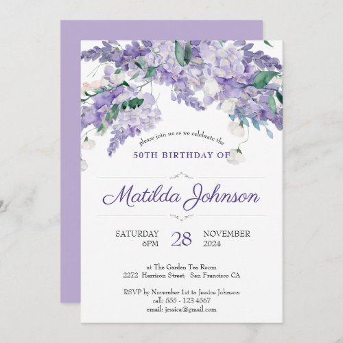 Purple Wisteria Floral Botanical 50th Birthday Invitation