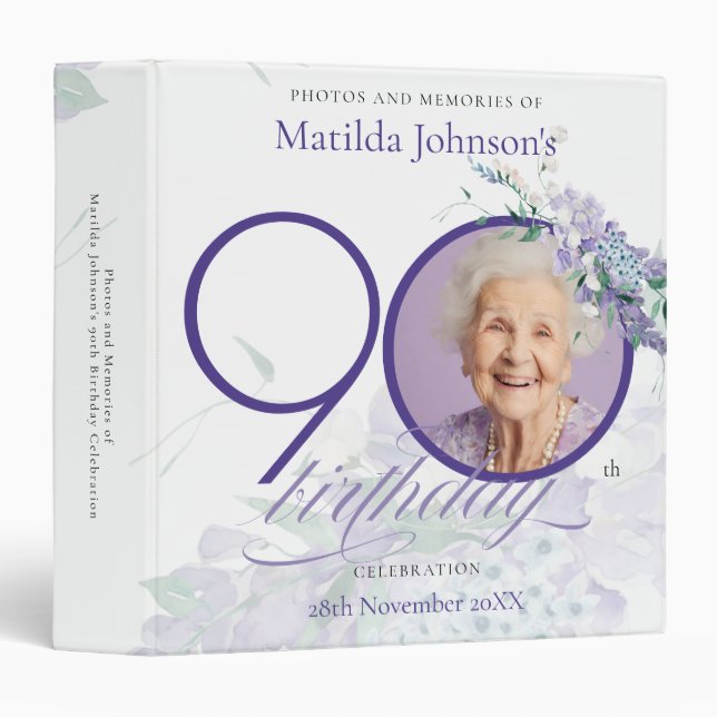 Purple Wisteria Floral Custom 90th Birthday  3 Ring Binder (Front/Spine)
