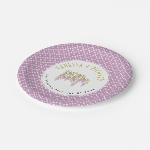 Purple wisteria floral geometric pattern wedding paper plates