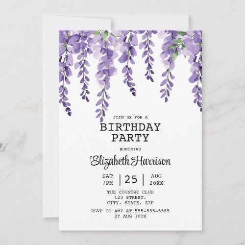 Purple Wisteria Floral Greenery 50th Birthday  Invitation
