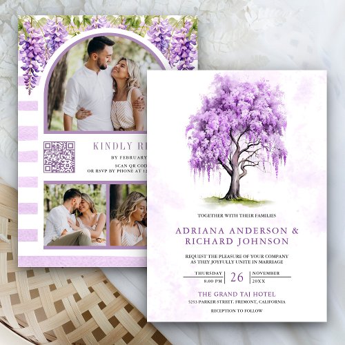 Purple Wisteria Floral Tree Photo QR Code Wedding Invitation