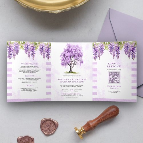 Purple Wisteria Floral Tree Photo QR Code Wedding Tri_Fold Invitation