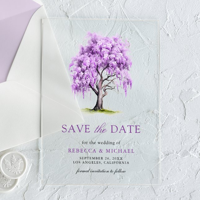 Purple Wisteria Floral Tree Wedding Save the Date Acrylic Invitations (Creator Uploaded)