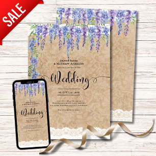 Purple Wisteria Floral Wedding Rustic Lace Look Invitation