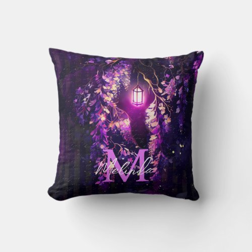 Purple Wisteria Flowers and Lantern Throw Pillow