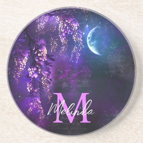 Purple Wisteria Flowers and Moon Coaster