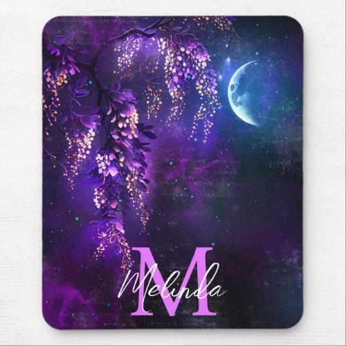 Purple Wisteria Flowers and Moon Mouse Pad