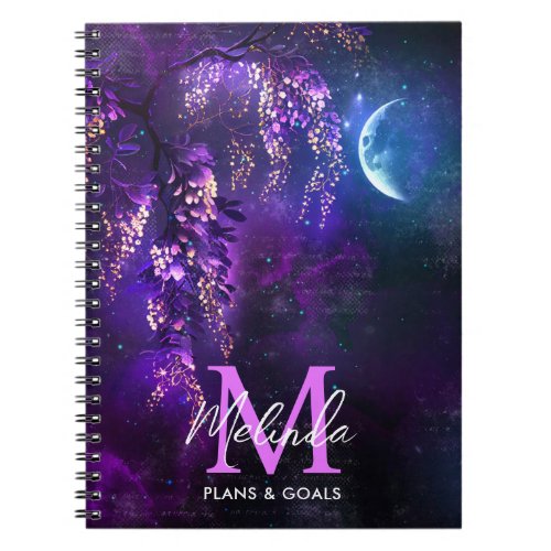 Purple Wisteria Flowers and Moon Notebook