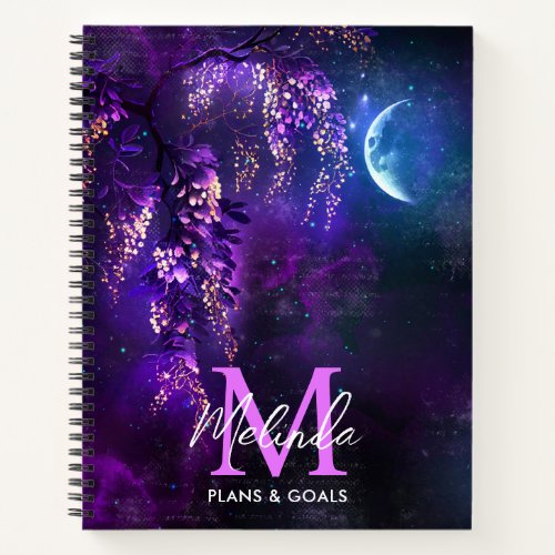 Purple Wisteria Flowers and Moon Notebook