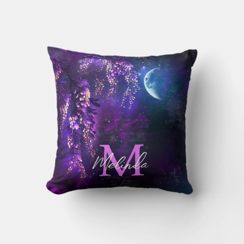 Purple Wisteria Flowers and Moon Throw Pillow