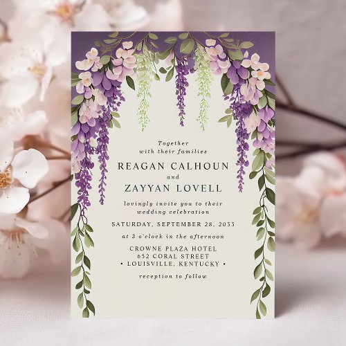Purple Wisteria Flowers Greenery Modern  Wedding Invitation