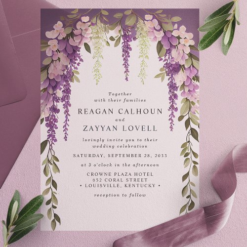 Purple Wisteria Flowers Greenery Modern Wedding Vellum Invitations