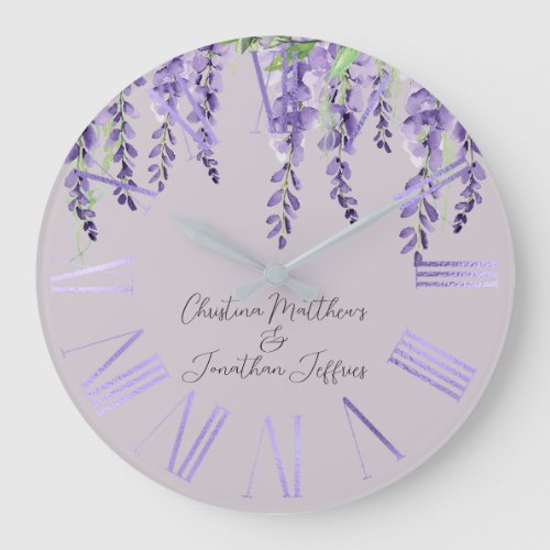 Purple Wisteria Flowers on Elegant Lavender Large Clock