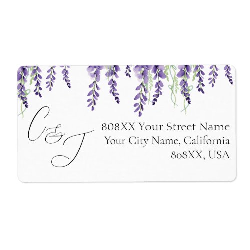 Purple Wisteria Flowers on Elegant White Address Label