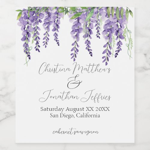 Purple Wisteria Flowers on Elegant White Wine Label