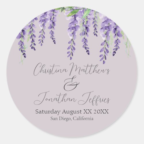 Purple Wisteria Flowers on Lavender Elegant Classic Round Sticker