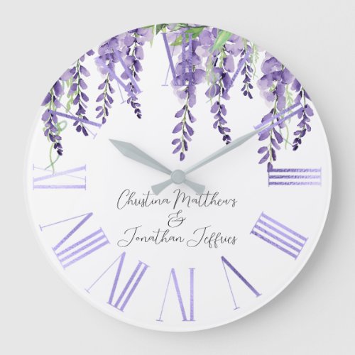 Purple Wisteria Flowers on White Elegant Large Clock