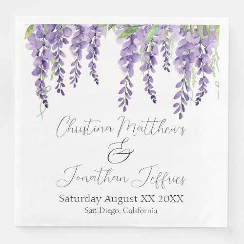 Purple Wisteria Flowers on White Elegant Paper Dinner Napkins