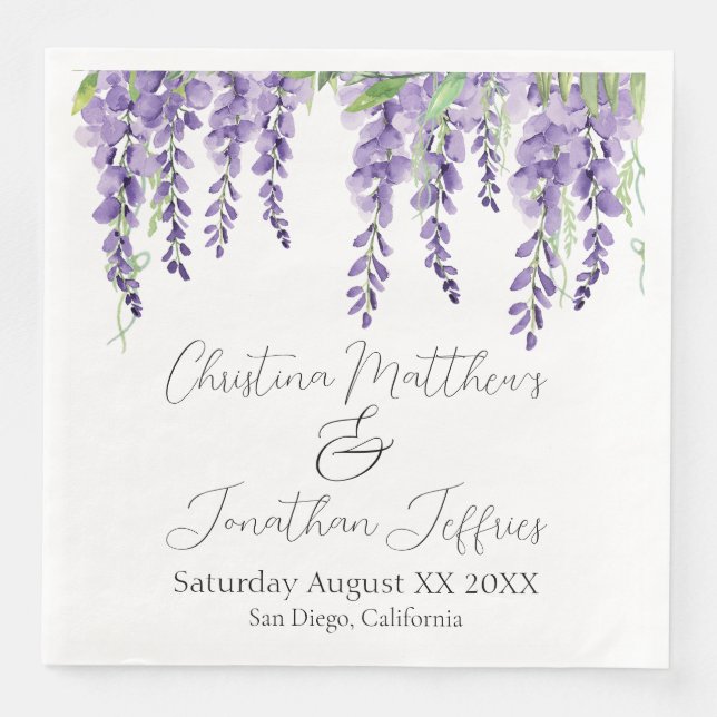 Purple Wisteria Flowers on White Elegant Paper Dinner Napkins (Front)