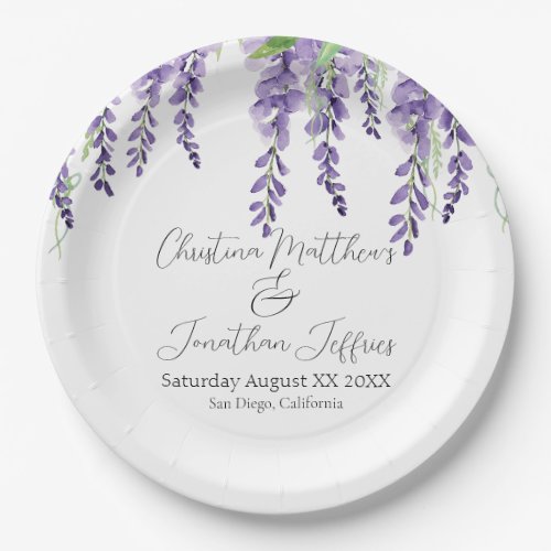 Purple Wisteria Flowers on White Elegant Paper Plates