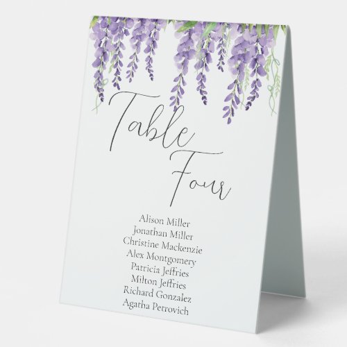 Purple Wisteria Flowers on White Elegant Table Tent Sign