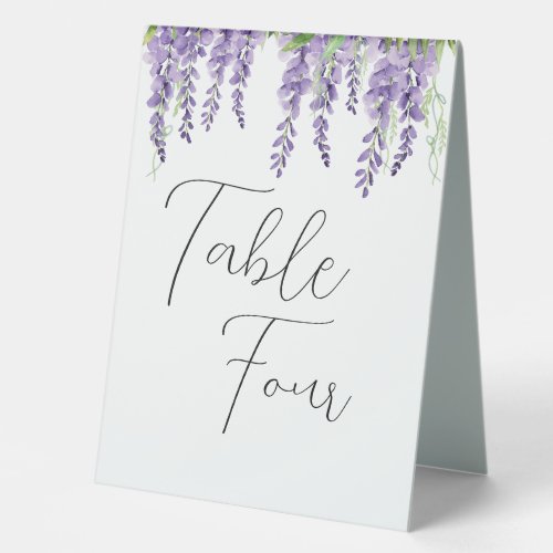 Purple Wisteria Flowers on White Elegant Table Tent Sign