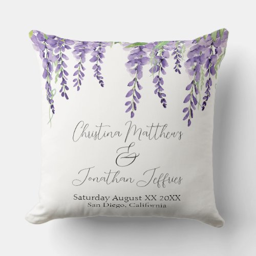 Purple Wisteria Flowers on White Elegant Throw Pillow