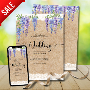 Purple Wisteria Flowers Wedding Rustic Lace Look Invitation