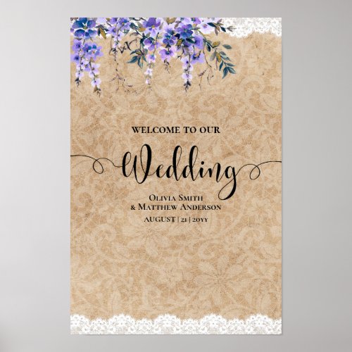Purple Wisteria Flowers Wedding Welcome Sign Lace