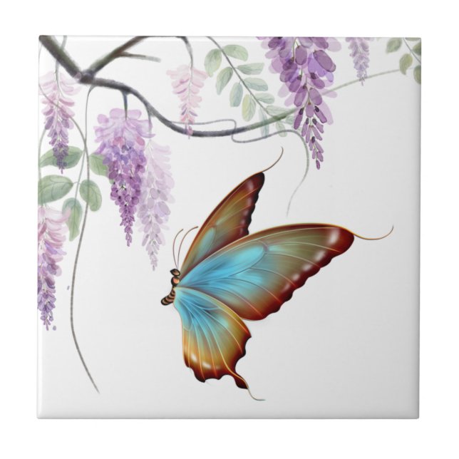 Purple Wisteria Flowy Flowers Butterfly Ceramic Tile (Front)